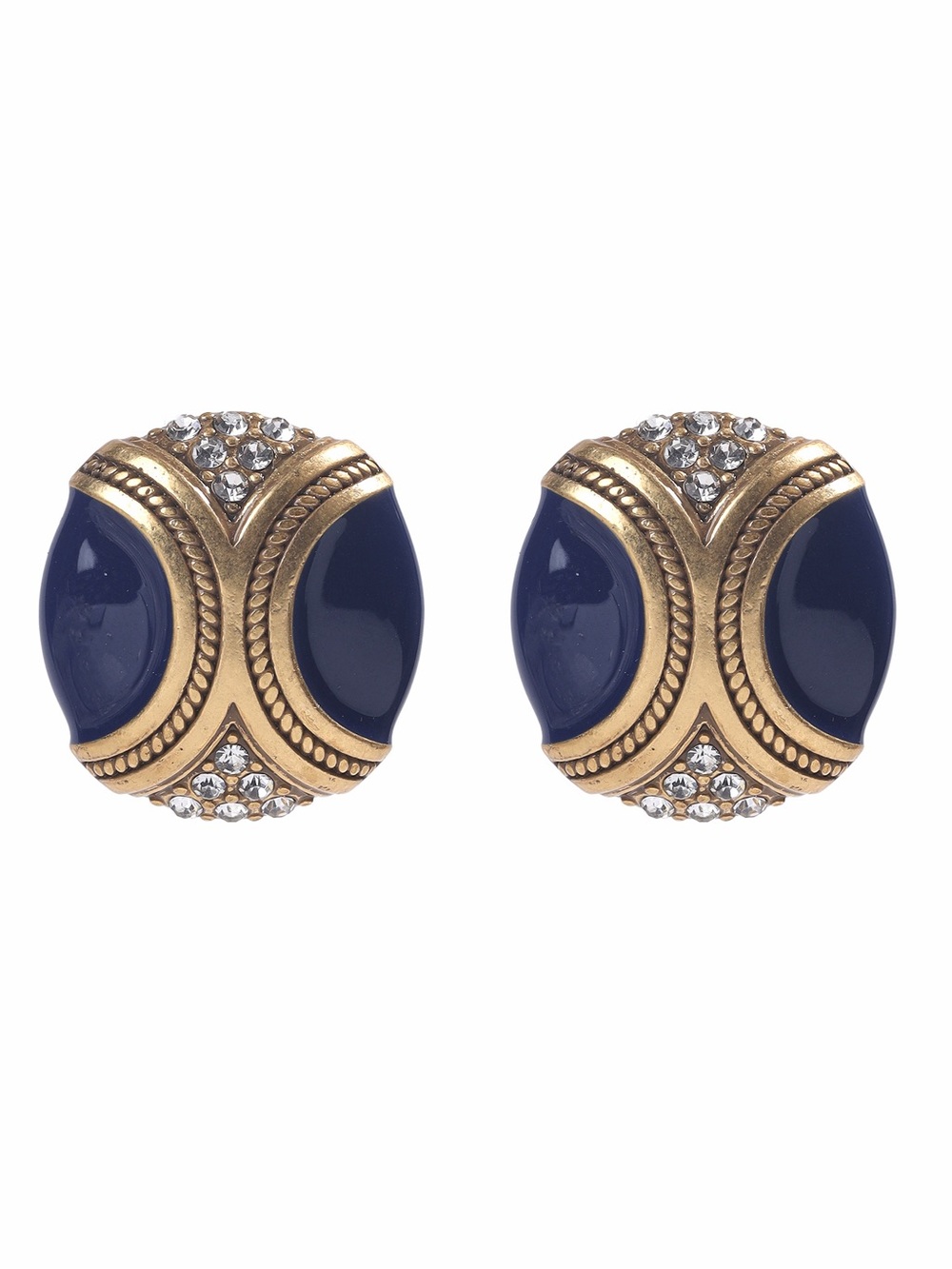 Gold and Navy Resin Crystal Dome Earrings clip on